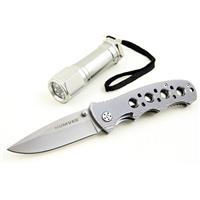 

Humvee Gear Utility Liner Lock Folding Drop Point Knife and 1/2W LED Light Combo Set, Silver/Gray