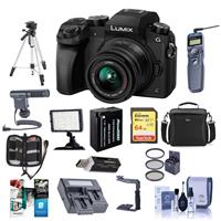 

Panasonic Lumix DMC-G7 Mirrorless Micro Four Thirds Camera with 14-42mm Lens, Black - Bundle with Camera Case, 64GB SDXC U3 Card, Spare Battery, Tripod, Video Light, Shotgun Mic, Software Package, More