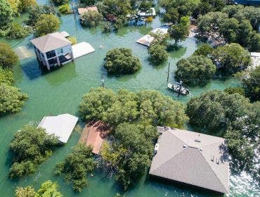 town flooding aerial view from drones in a natural disaster response