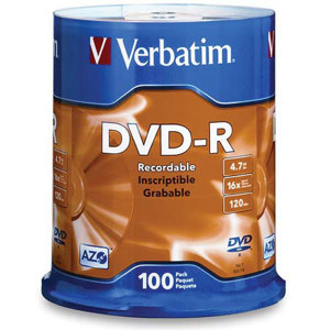 Verbatim DVD-R, 4.7 GB 16x Branded, Pack Of 100 On Spindle 95102