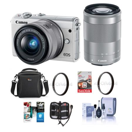 Canon Eos M100 Mirrorless With 15 45mm And 55 0mm Stm Lenses White W Acc Kit 2210c021 A