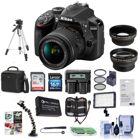 Nikon D3400 DSLR Camera w/18-55mm f/3.5-5.6G DX VR Lens Black w/Pro Acc ...