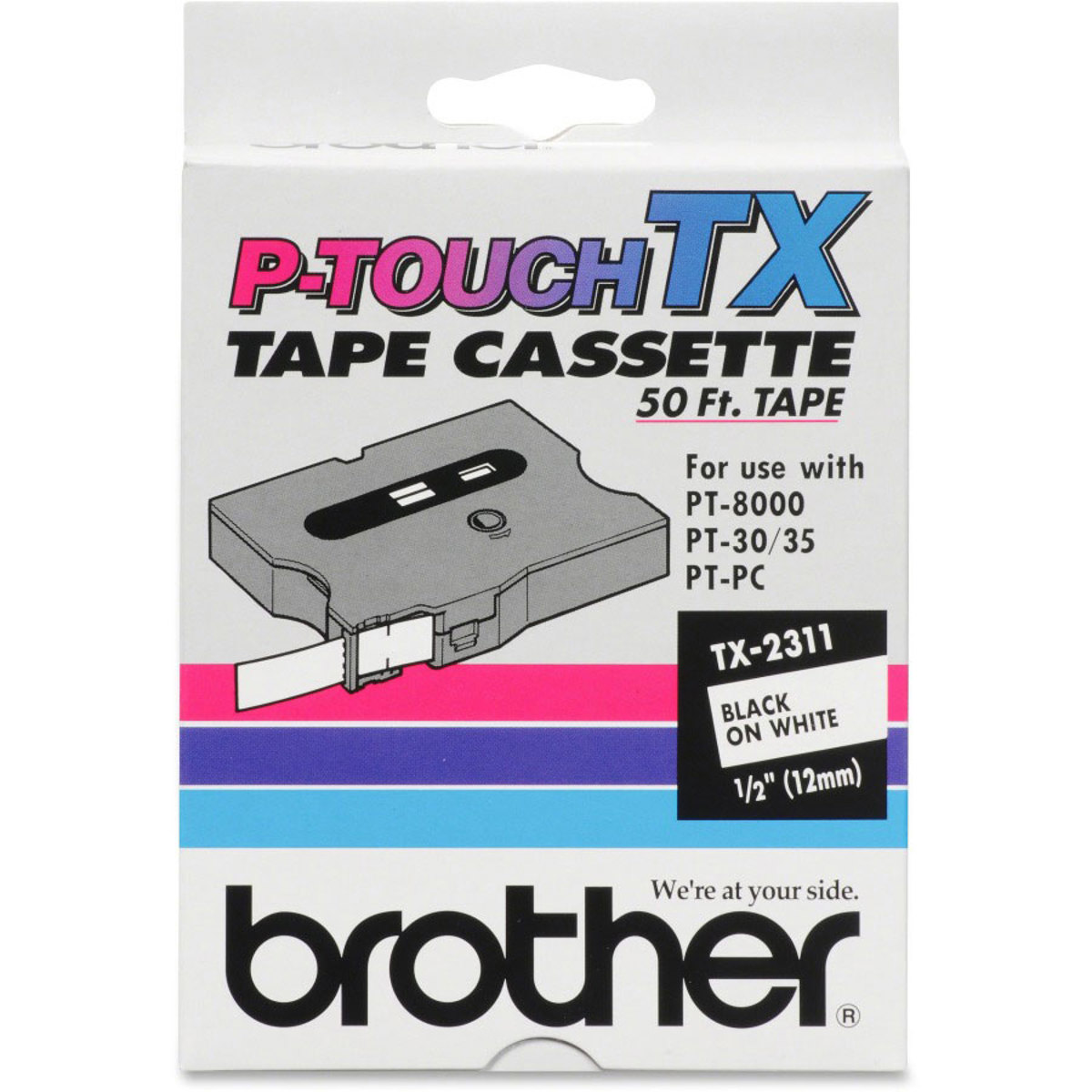 

Brother 0.47" Black on White Laminated Tape for P-Touch (50 ft)