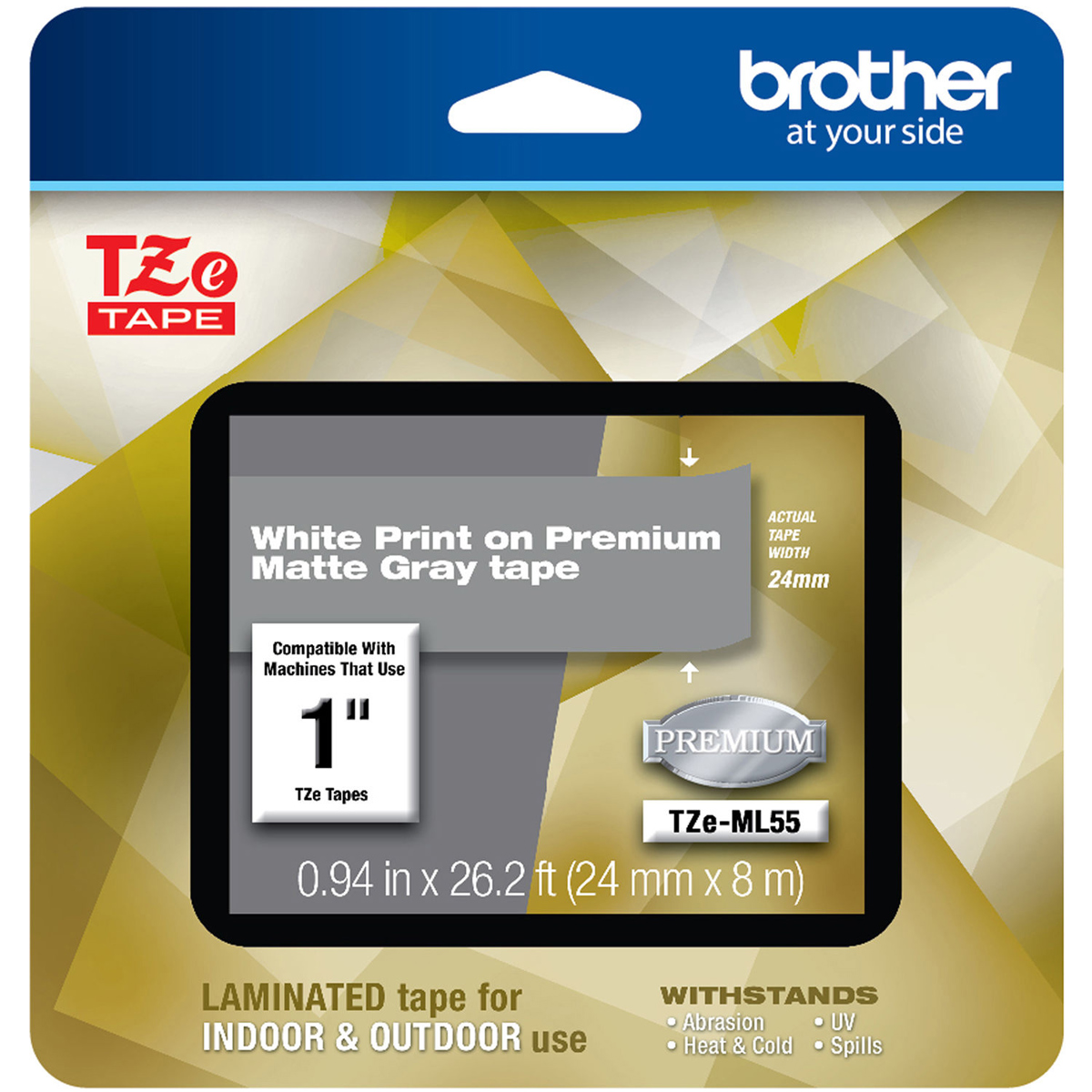 

Brother TZe-ML55 24mm (0.94") White on Premium Matte Gray Labeling Tape, 26.2'