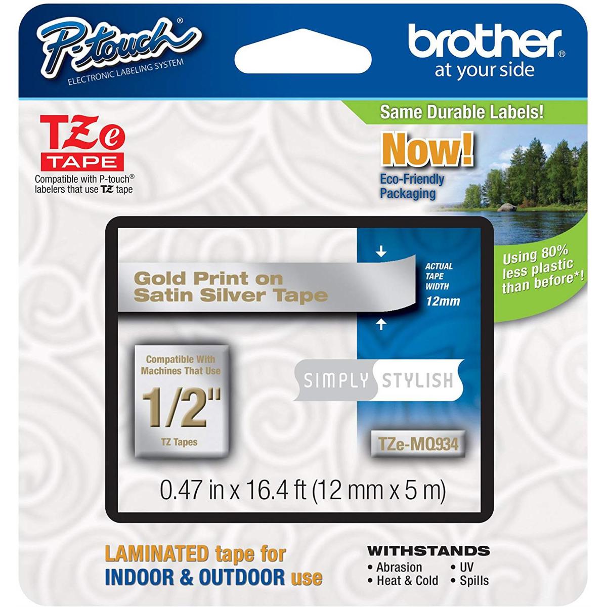 

Brother 0.47"x16.4' Laminated Tape for P-Touch Labelers, Gold on Satin Silver