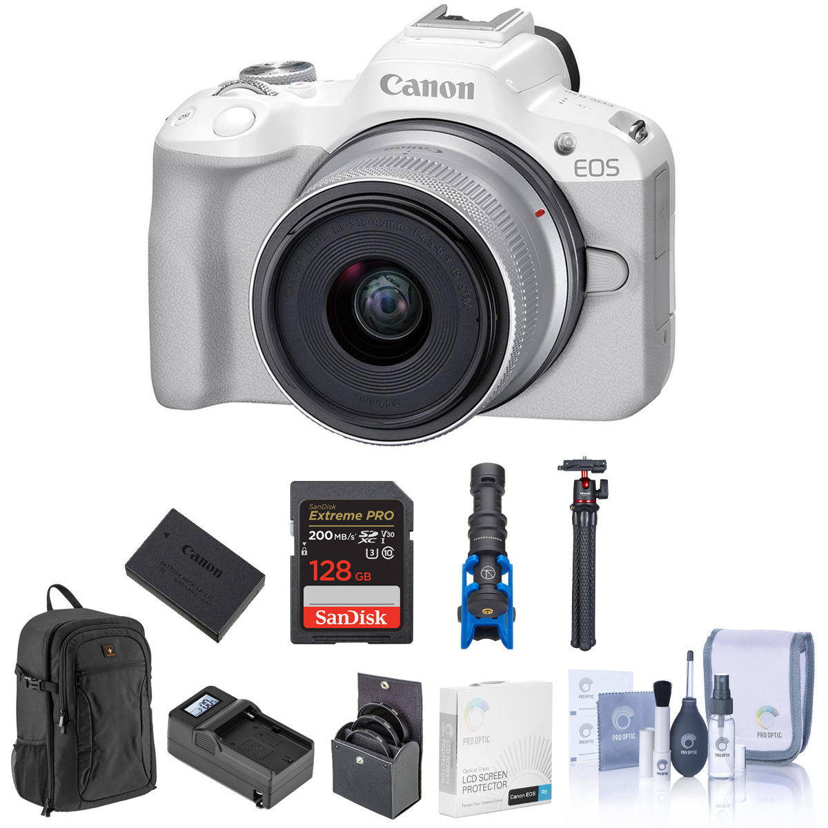 

Canon EOS R50 Camera, White with RF-S 18-45mm f/4.5-6.3 Lens and Accessory Kit