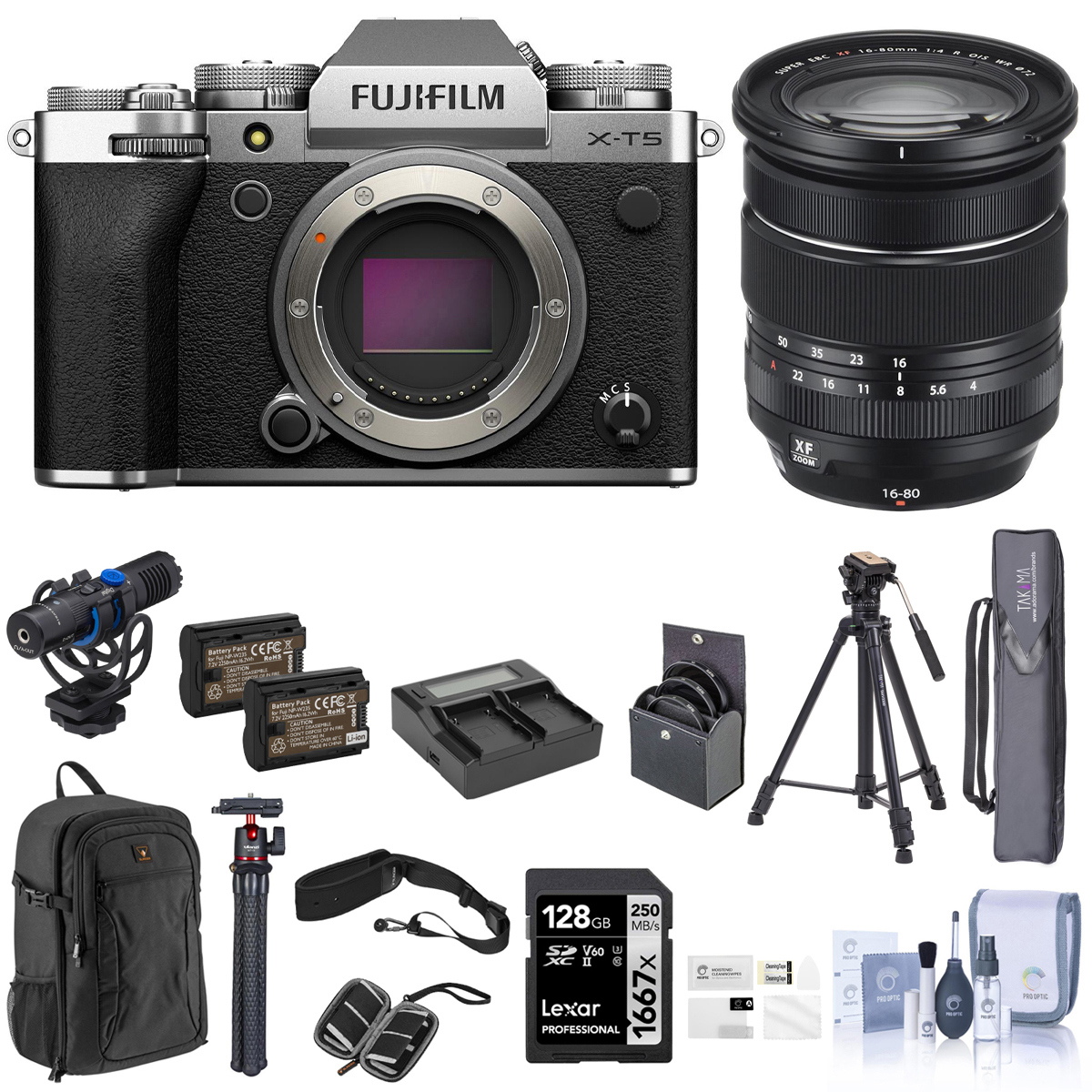 

Fujifilm X-T5 Camera, Silver w/XF 16-80mm f/4.0 R OIS WR Lens & Complete Kit