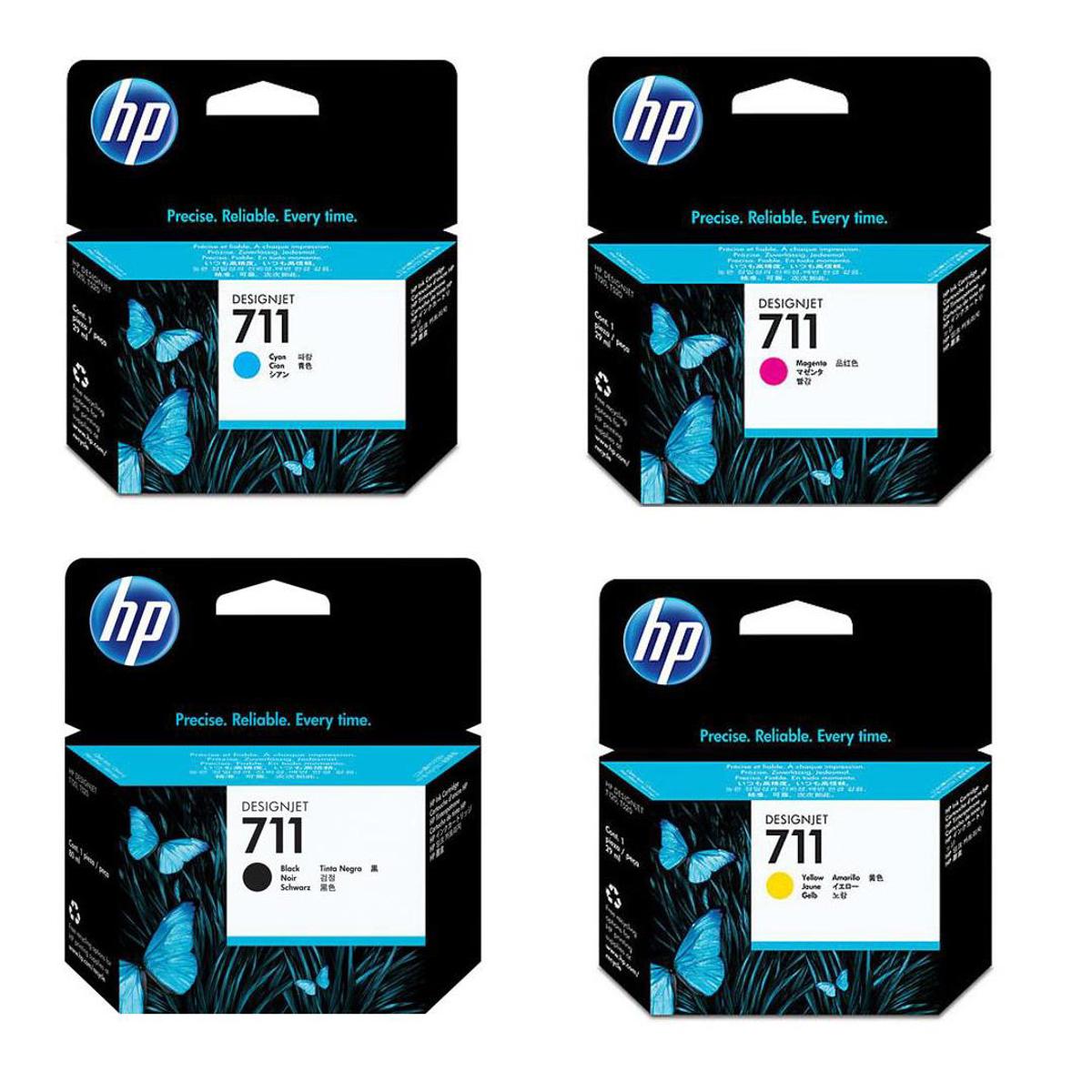 

HP 711 Ink Cartridge Set Includes 80ml Black, 29ml Cyan,29ml Magenta,29ml Yellow