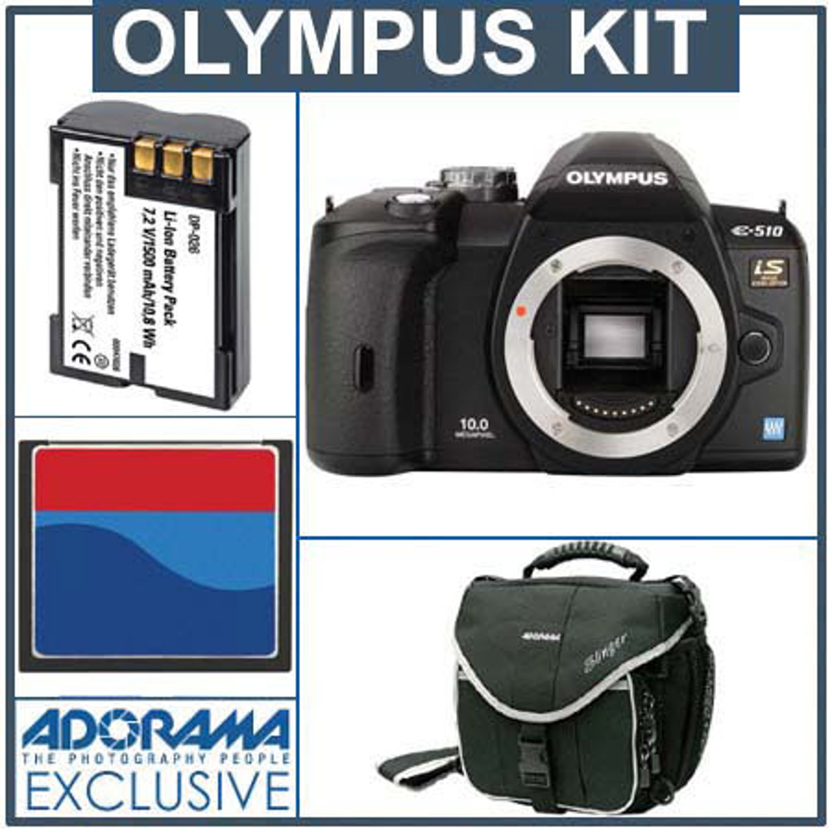 Olympus Evolt E-510 Digital SLR Camera Body kit, with 2 GB CF Memory Card, Spare BLM-01 Lithium-Ion Rechargeable Battery, Slinger Camera System Bag -  IOME510A