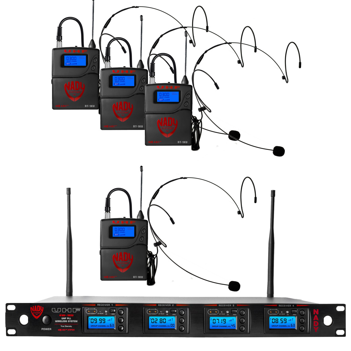 Nady 4W-1KU 1000-Ch UHF Quad Receiver Wireless System w/4x Headworn Mic, Black -  4W-1KU-HM10-BL-NEUS