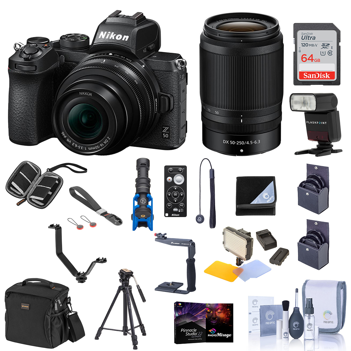 Nikon Z50 Mirrorless Camera w/16-50mm & 50-250mm Lenses, Bundle w/Complete Kit -  1632 C