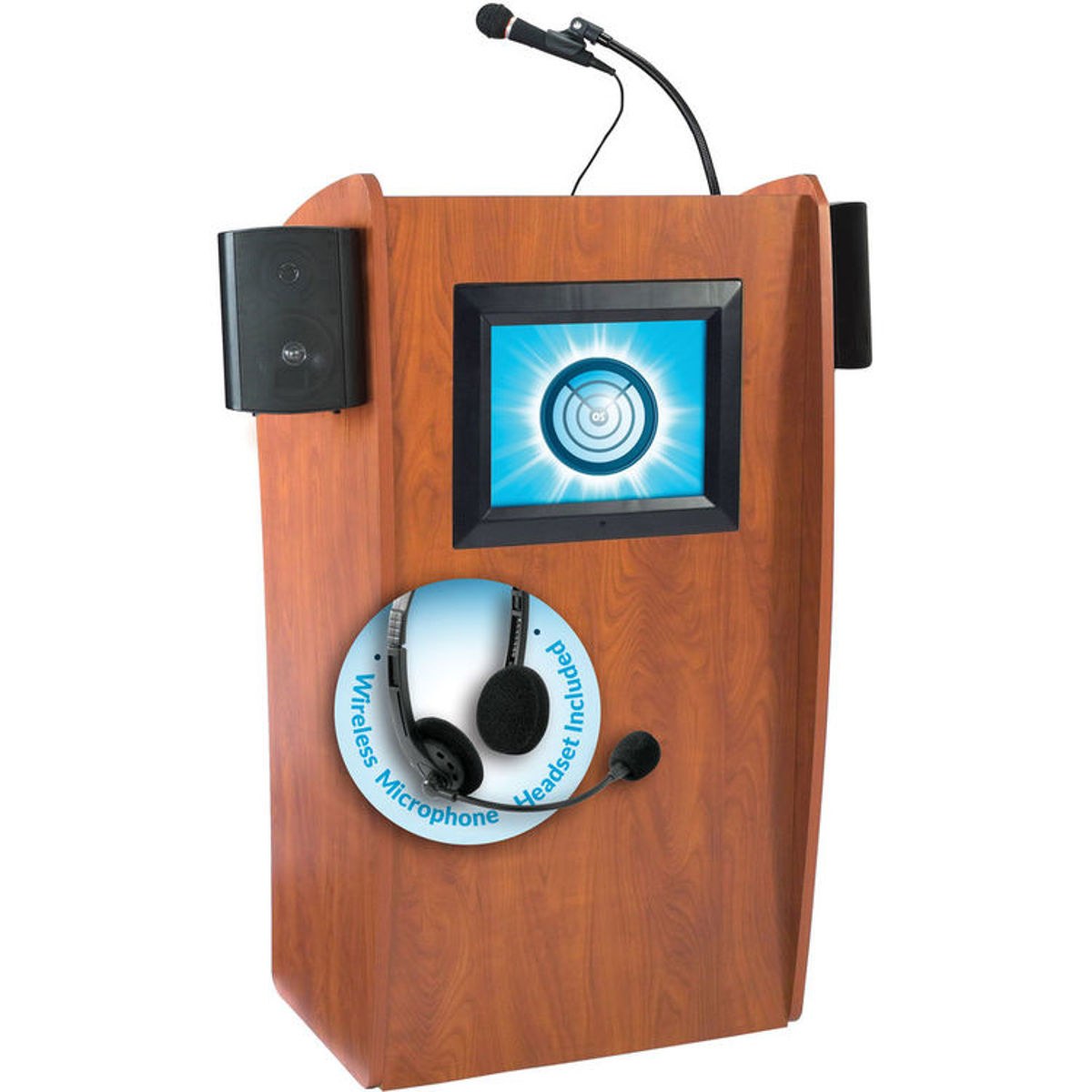 

Oklahoma Sound Vision 612-S Floor Sound Lectern, Wireless Headset Mic, Cherry