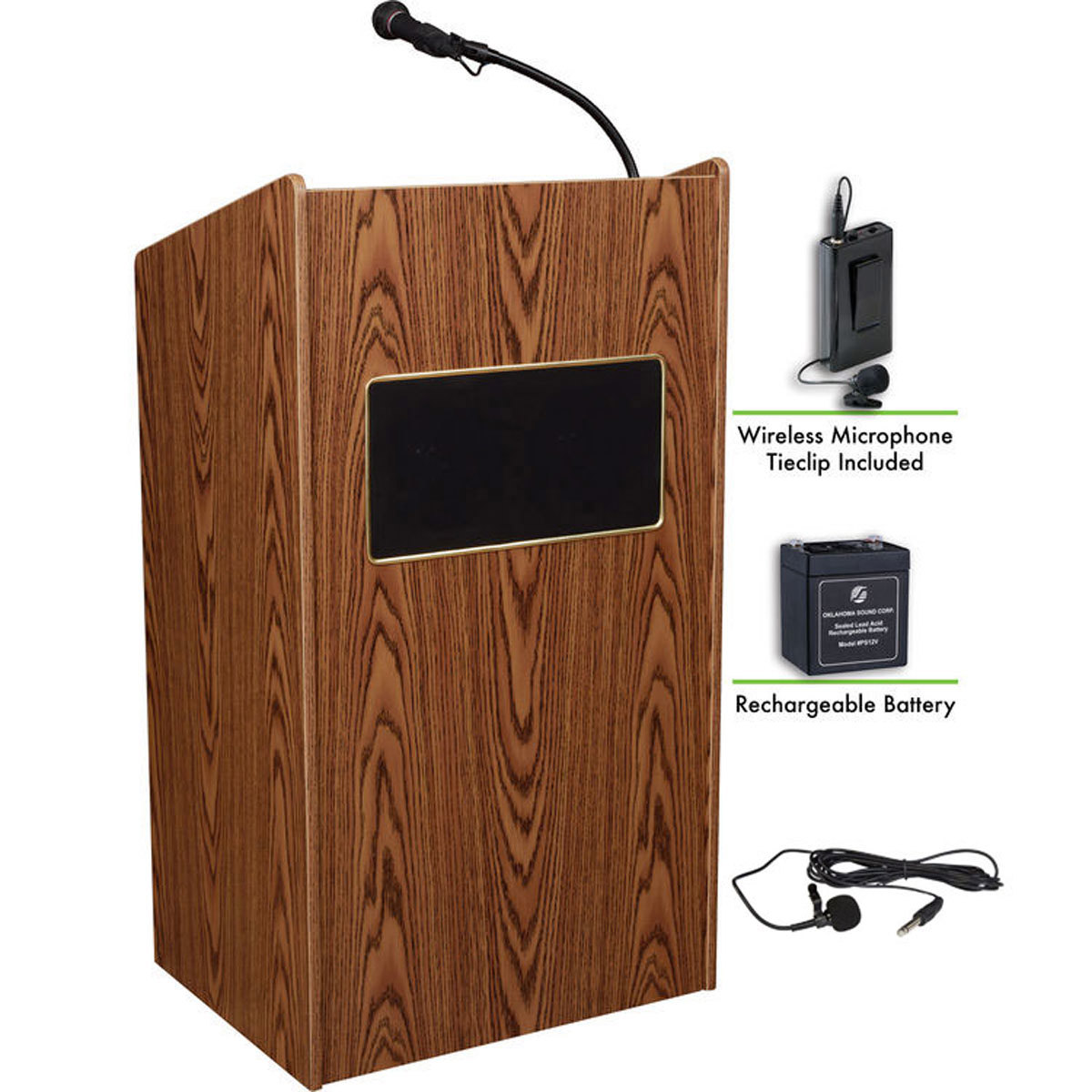 

Oklahoma Sound Aristocrat 6010 Lectern, Wireless Lavalier Mic, Battery, Oak