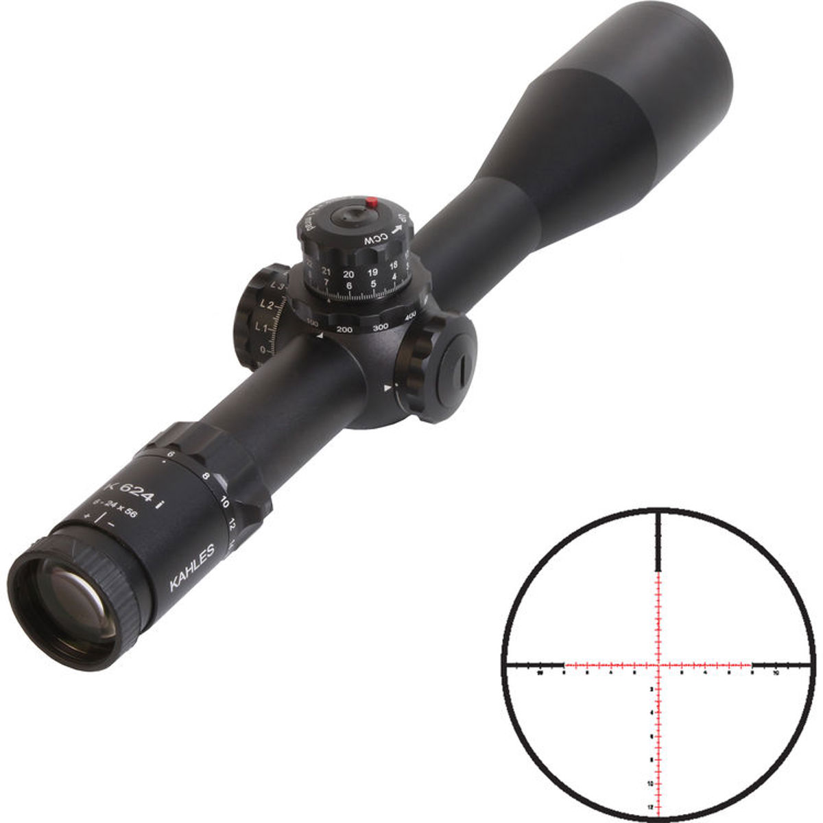 

Kahles 6-24x56 K624i Riflescope, Illum SKMR Ret, Parallax Adj, Left Hand, 34mm