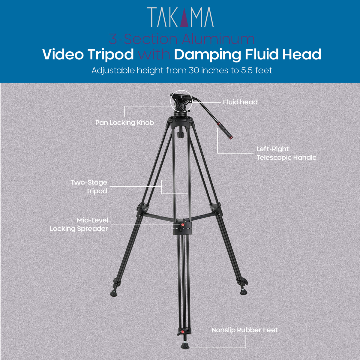 Takama 3-Section Aluminum Video Tripod with Damping Fluid Head #TAK-V4000